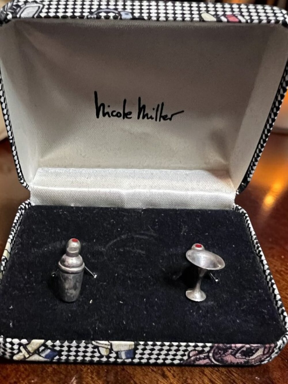 Vintage Nicole Miller Cocktail Themed Sterling Silver Cufflinks.